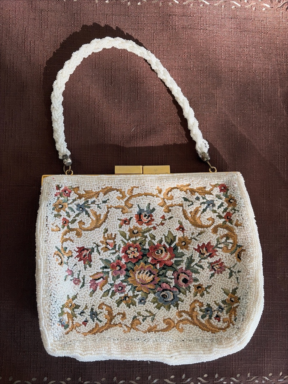 White Beaded Floral Clutch with Gold Accents